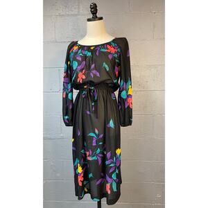 Vintage 1970s Black Floral Print Midi Blouson Dress Semi Sheer Gauze SM MED